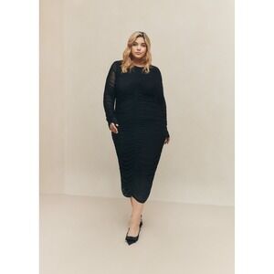 NWT Hilary MacMillan Black Ruched Mesh Long Sleeve Midi Dress Plus Size 3X Fun